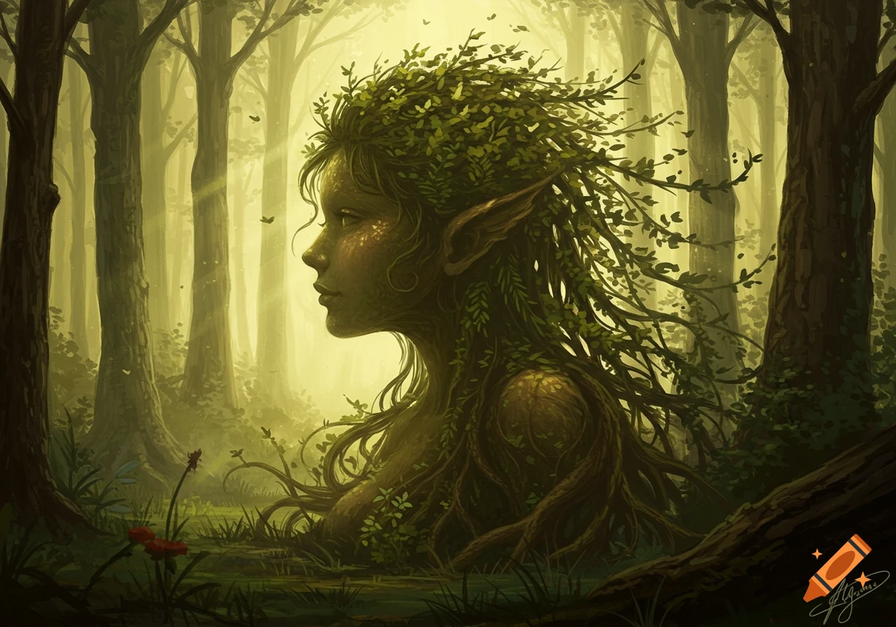 Painterly profile of a woman's face and upper body made of leaves and branches, integrated into a misty forest.