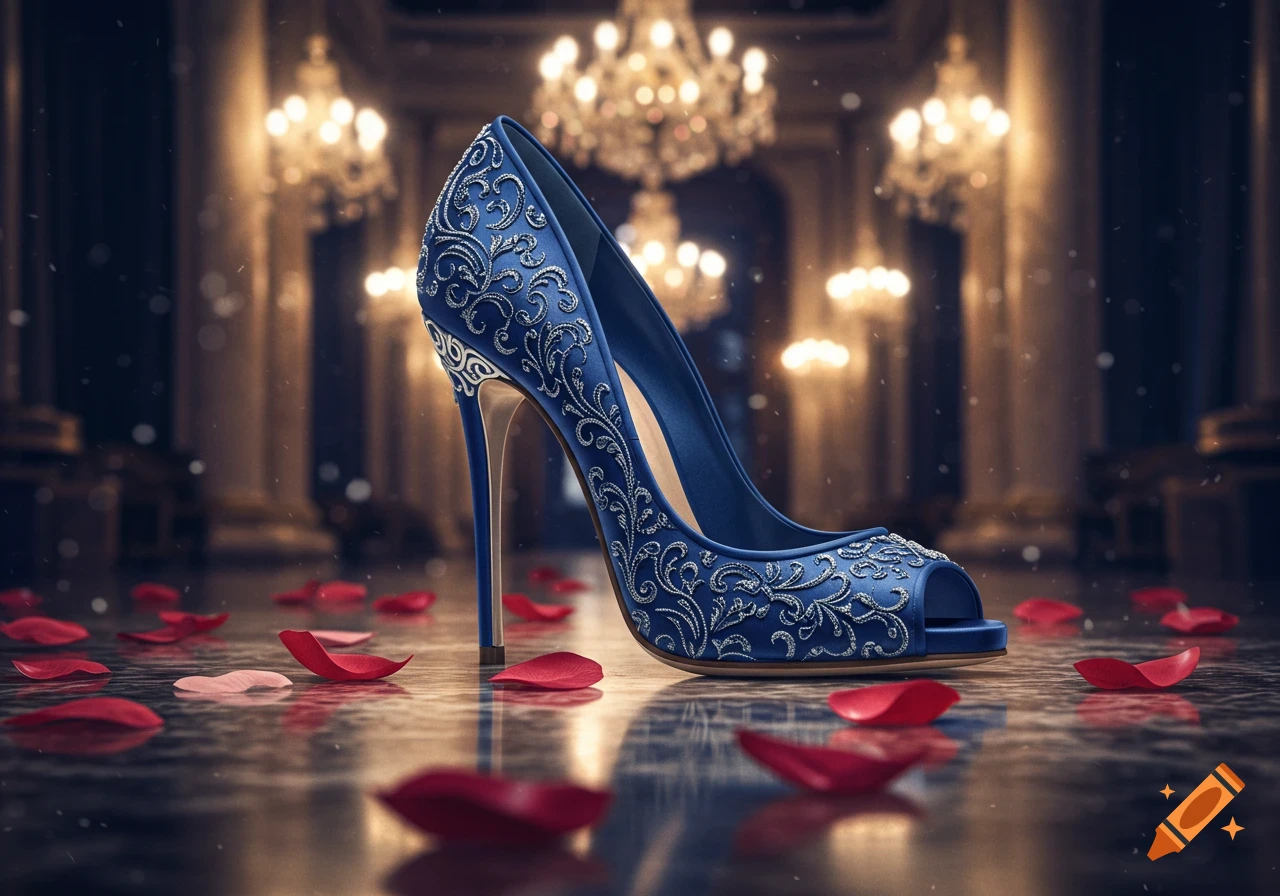 A photorealistic blue high-heel shoe with silver embroidery stands on a reflective floor scattered with red rose petals, in a grand ballroom.
