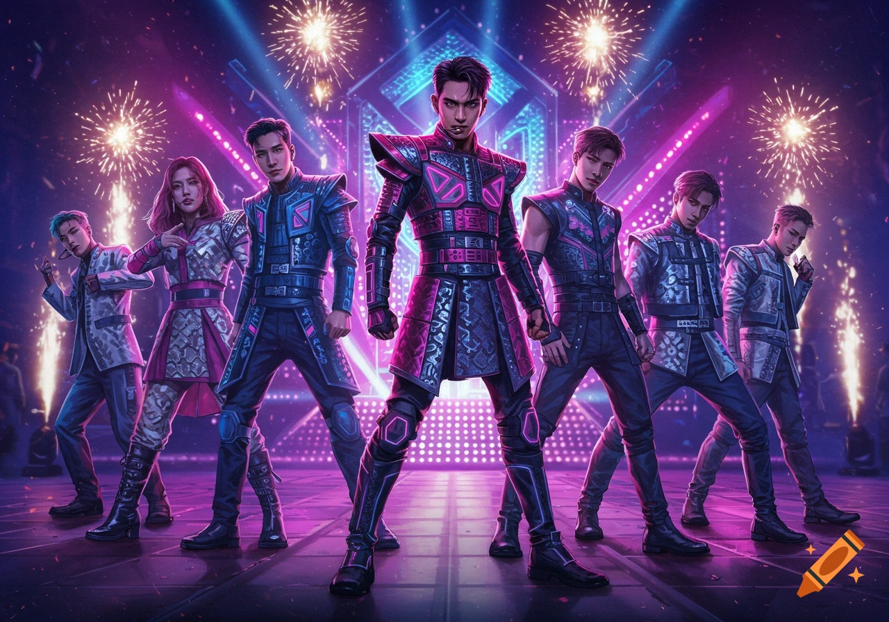 Seven K-pop performers in futuristic warrior outfits pose on a stage with bright pink and blue lights and fireworks.