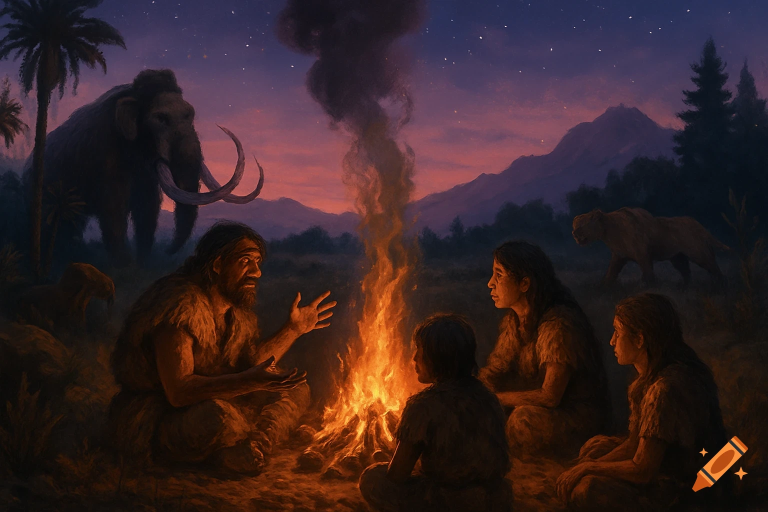 A group of prehistoric people sit around a campfire at dusk, with a woolly mammoth and large cat in the background, under a starry sky.