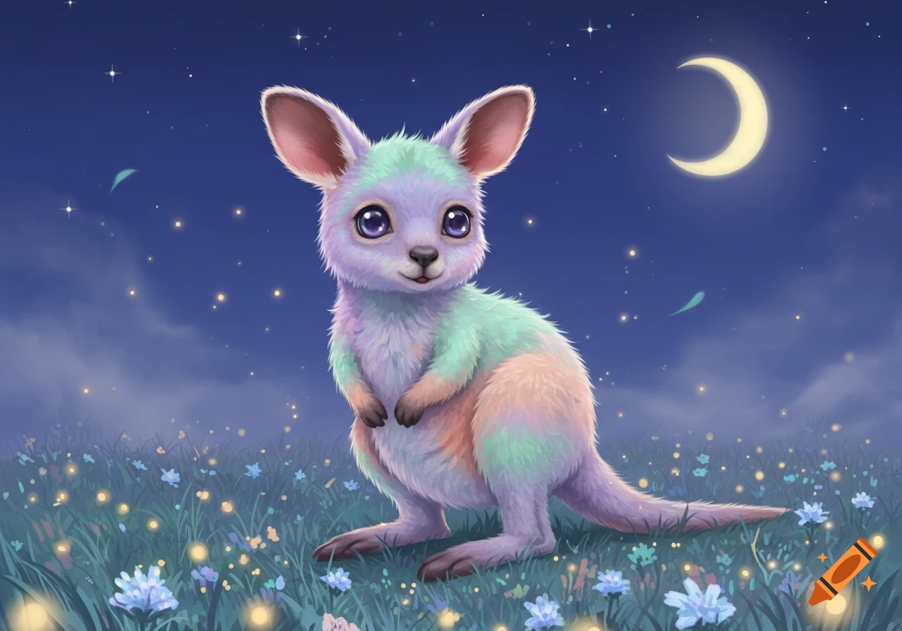 A cute, pastel-colored baby kangaroo with big eyes stands in a field of glowing flowers under a starry night sky with a crescent moon.