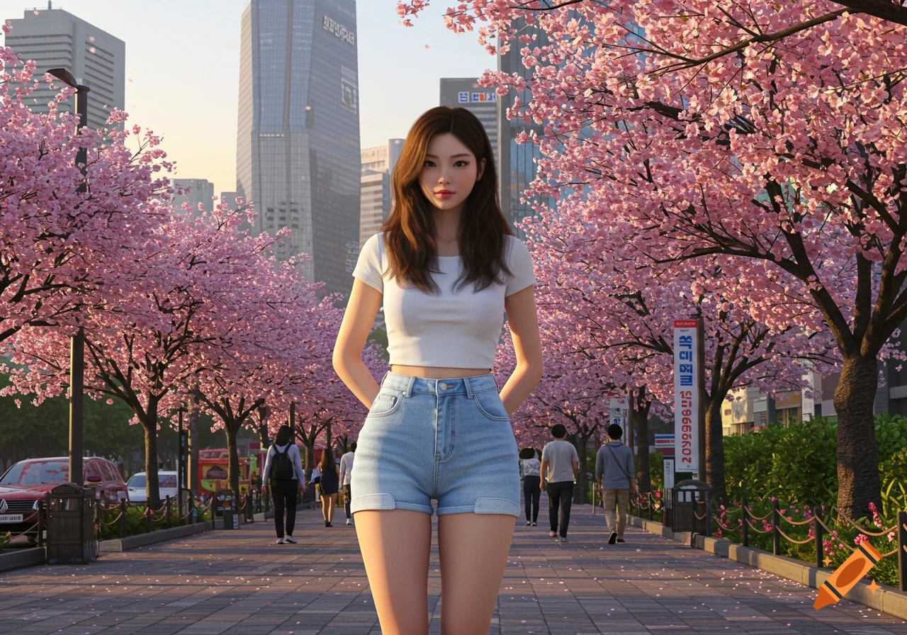 A photorealistic image of a Korean woman in a white top and denim shorts, standing on a cherry blossom-lined city street.
