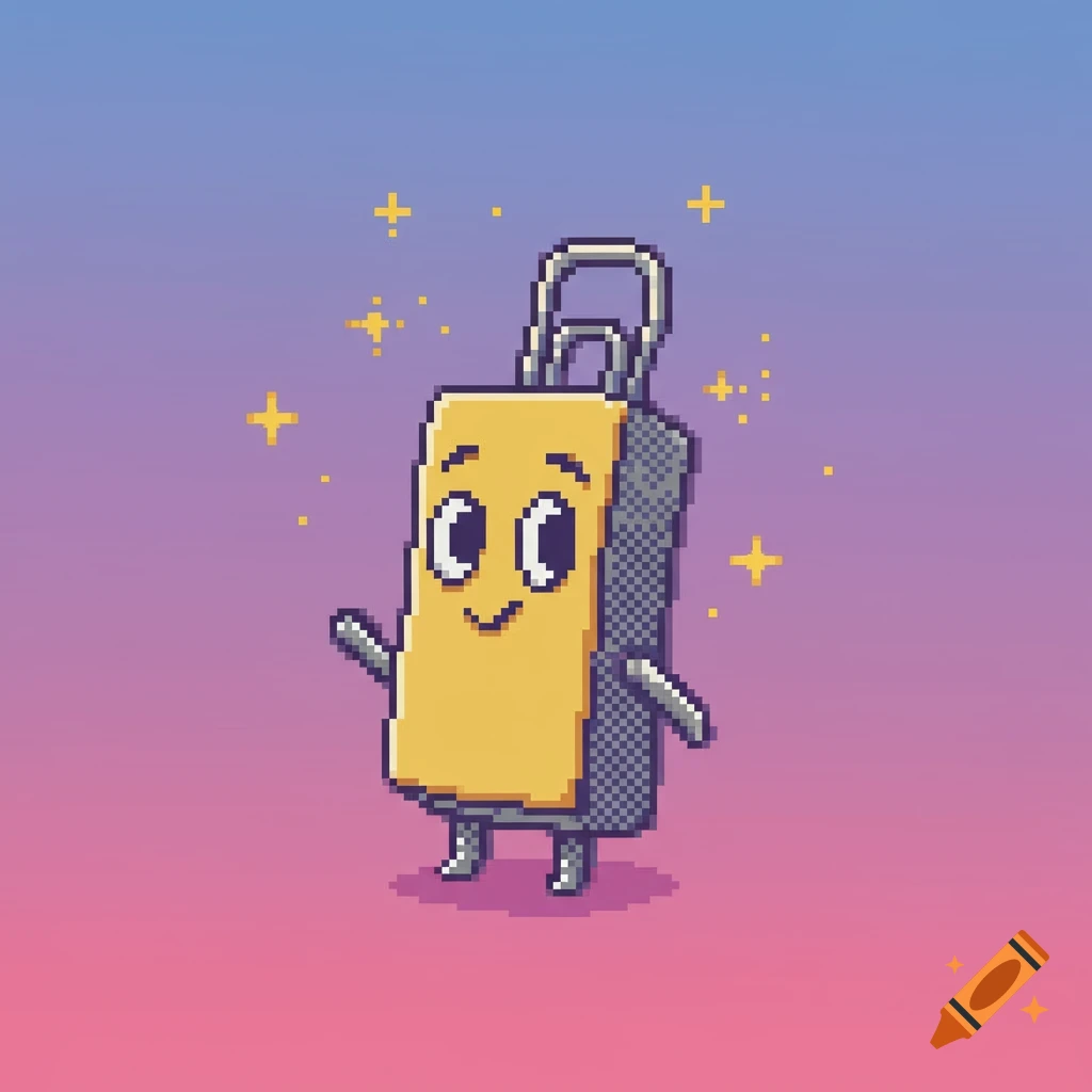 A friendly pixel art character resembling Microsoft Clippy, yellow with gray, standing against a purple and pink gradient background with sparkles.