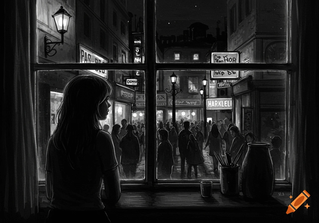 Monochrome sketch of a woman looking from a dark room at a lively, lit city street at night.