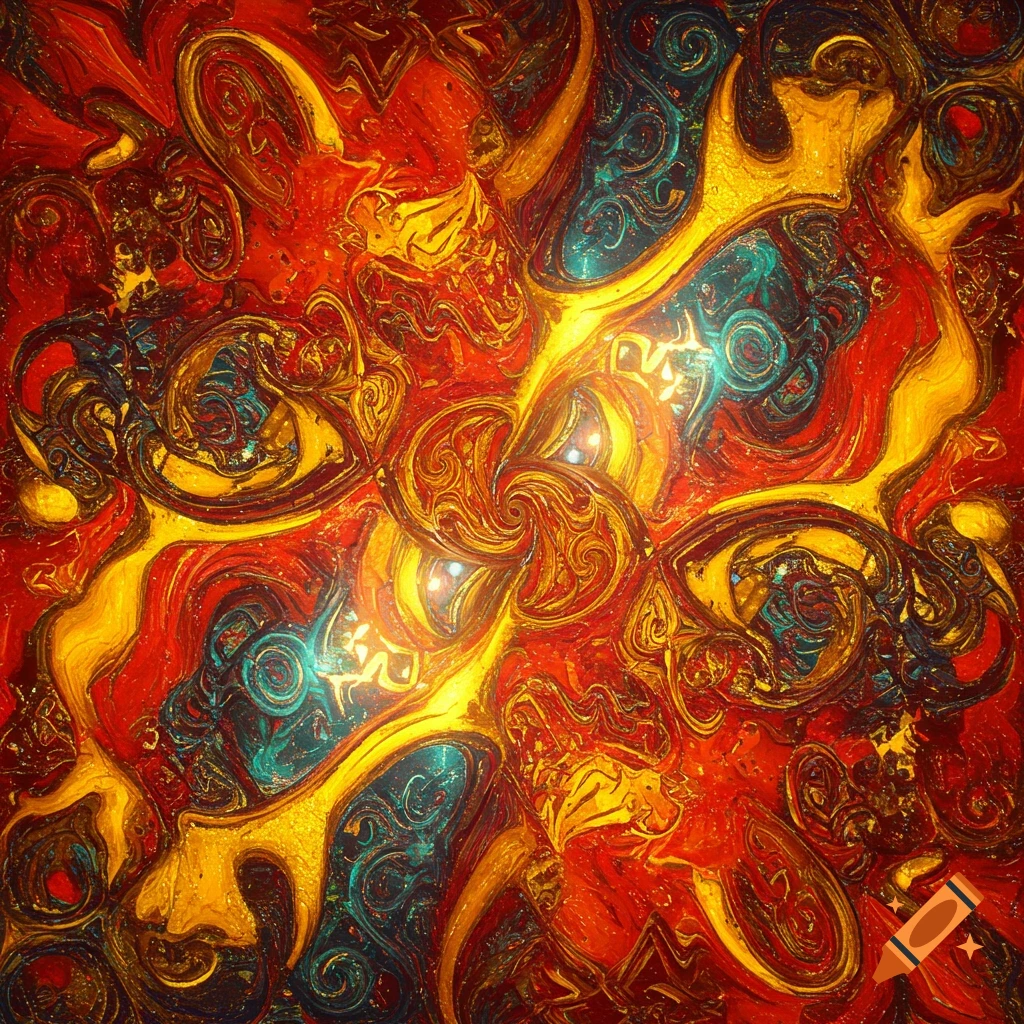 Vibrant abstract pattern with swirling gold, red, and teal, inspired by traditional motifs.