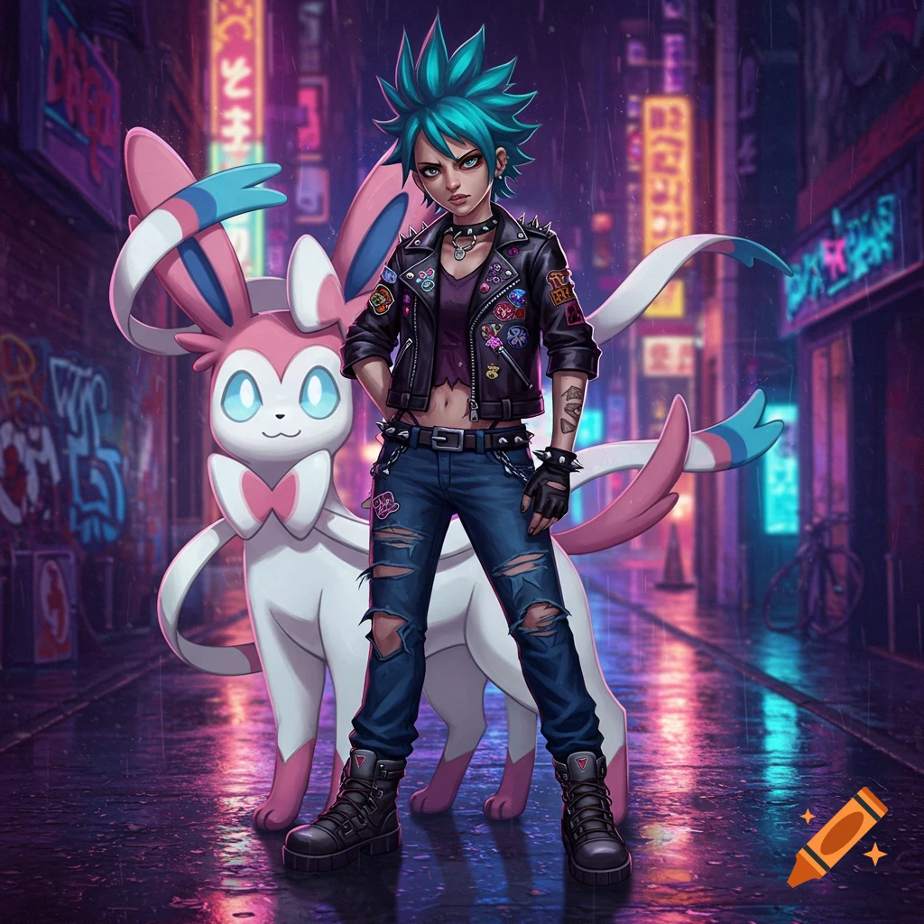 An anime girl with teal spiky hair and a leather jacket stands beside a Sylveon in a rainy, neon-lit cyberpunk city.