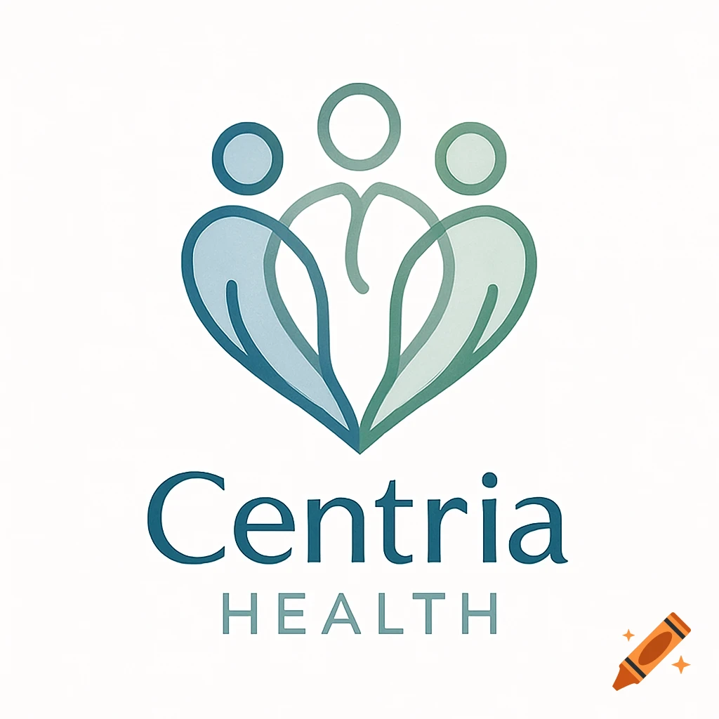A minimalist blue and green logo with three abstract figures and leaves forming a heart, above 'Centria HEALTH'.