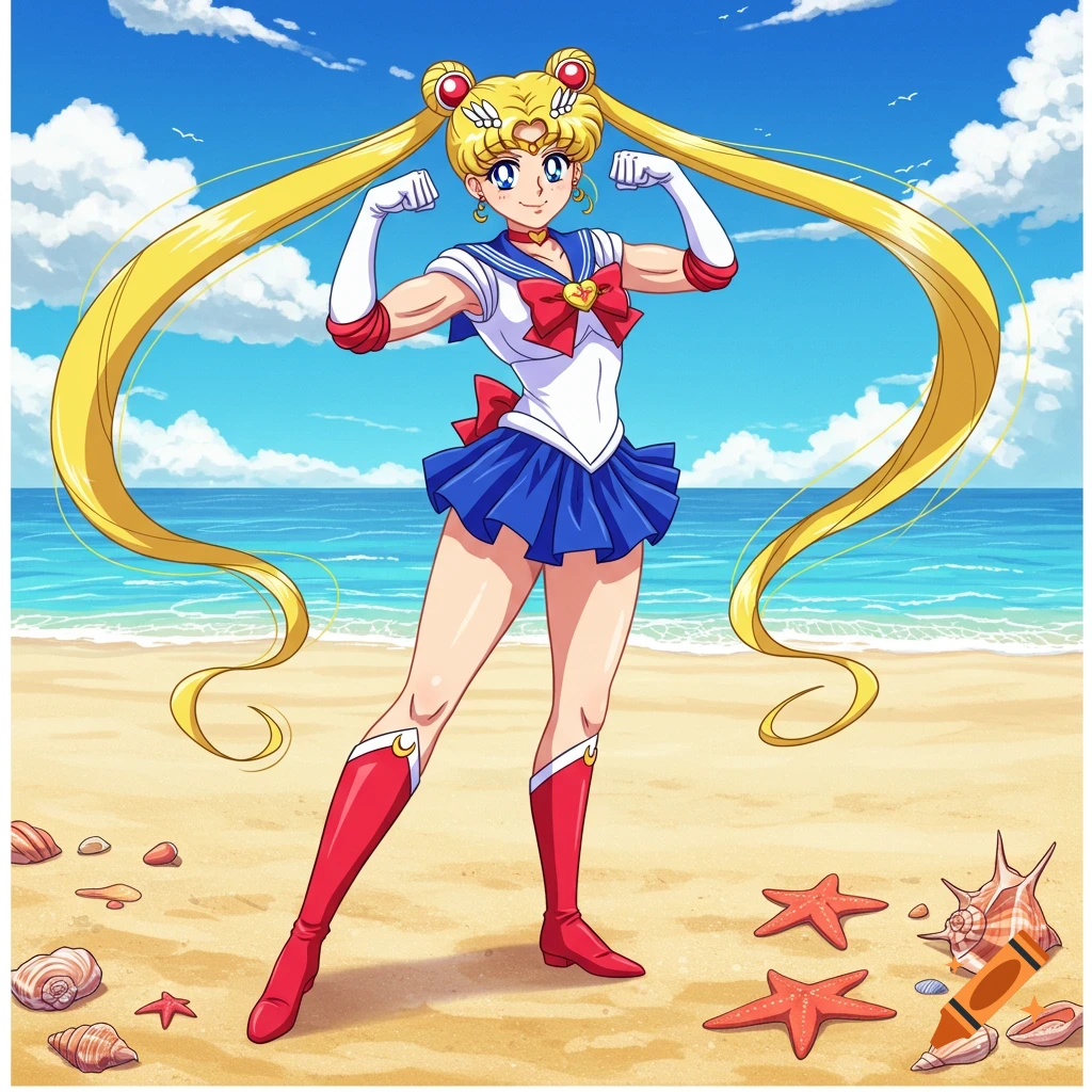 Sailor Moon in her uniform poses flexing her bicep muscles on a sunny sandy beach with blue ocean waves and scattered seashells.