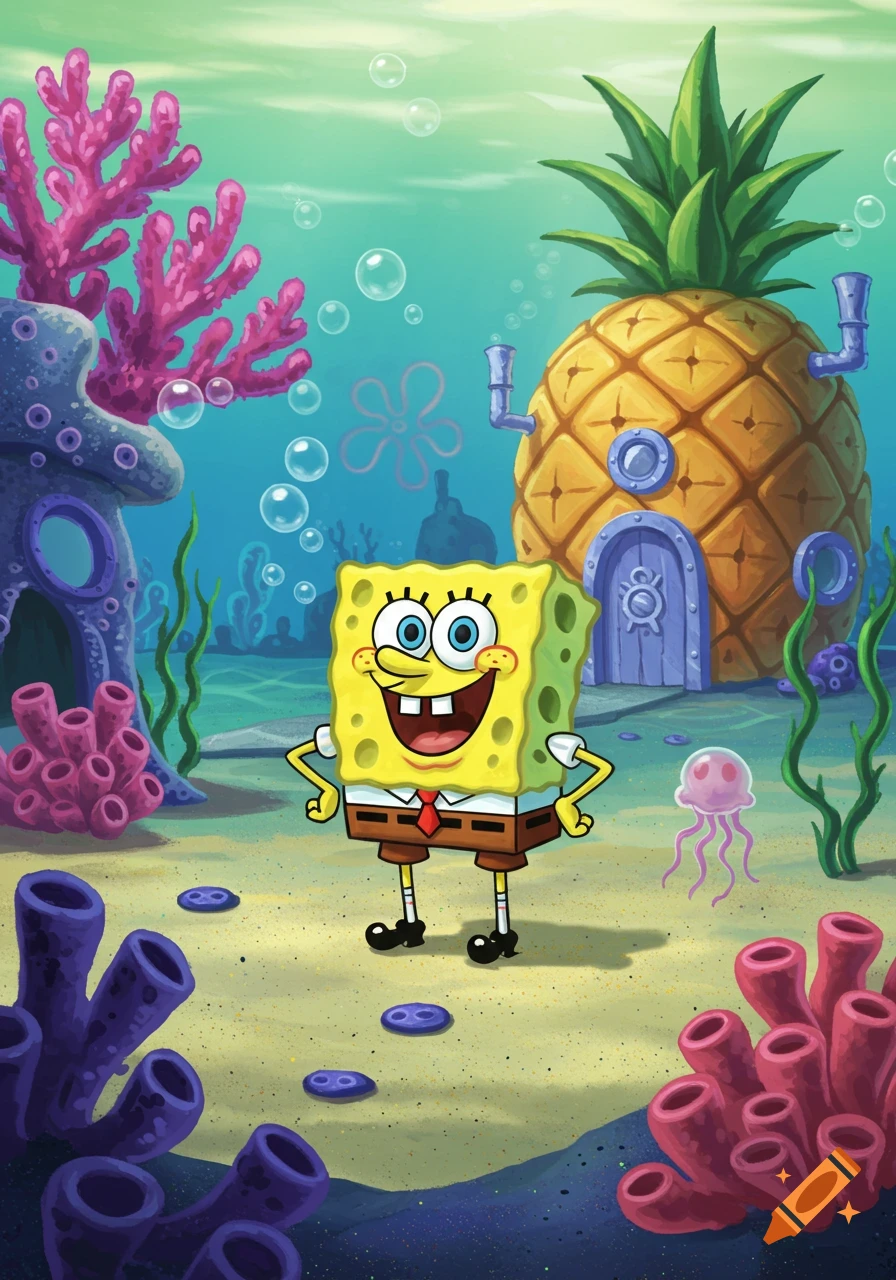 Spongebob Squarepants smiles happily in his underwater neighborhood, with his pineapple house and colorful coral.
