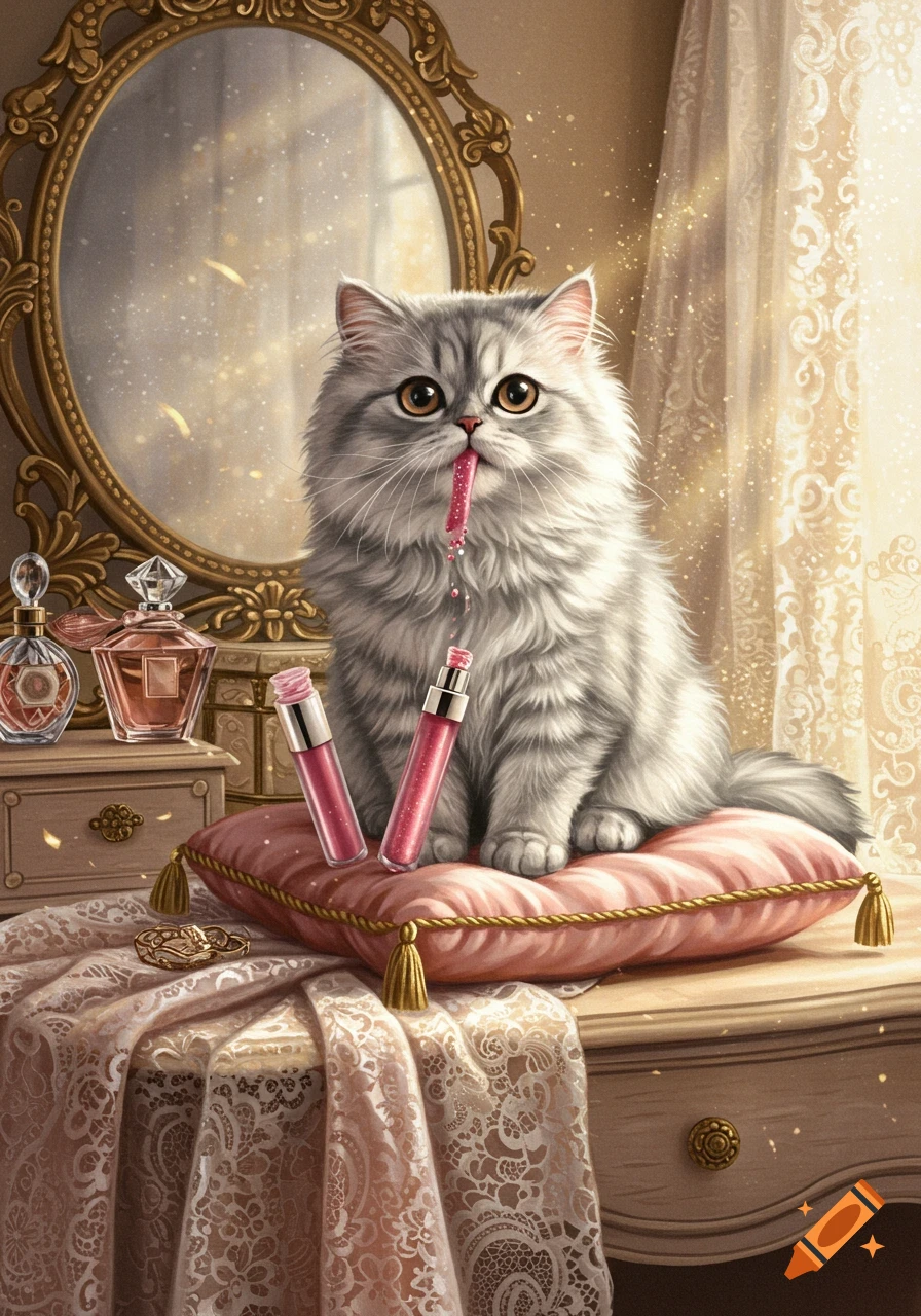 A fluffy grey cat sits on a pink pillow on a vanity table, licking pink lip gloss from its tongue.
