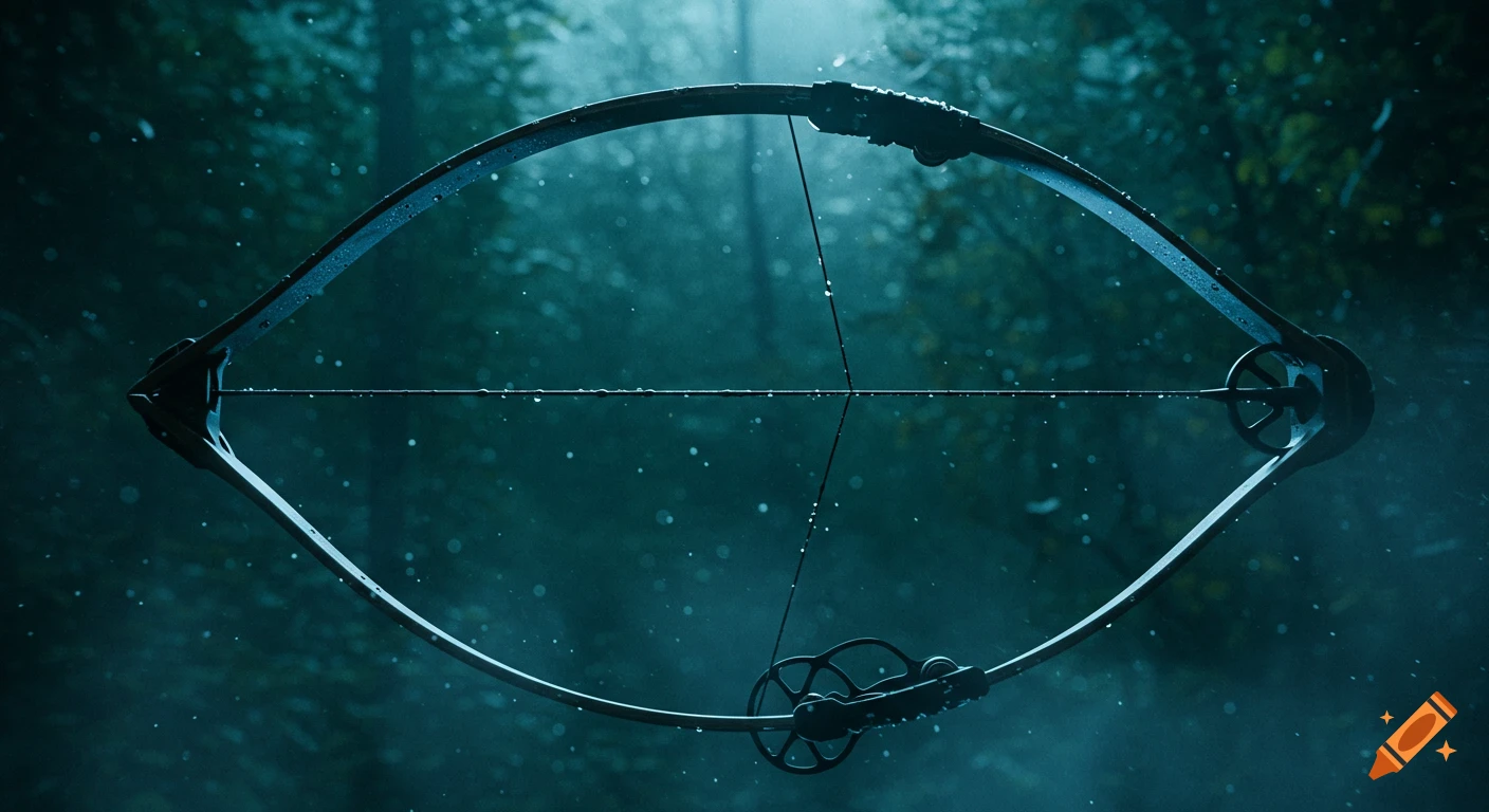 A photorealistic, cinematic close-up of a compound bow covered in water droplets, set against a dark, misty forest background.