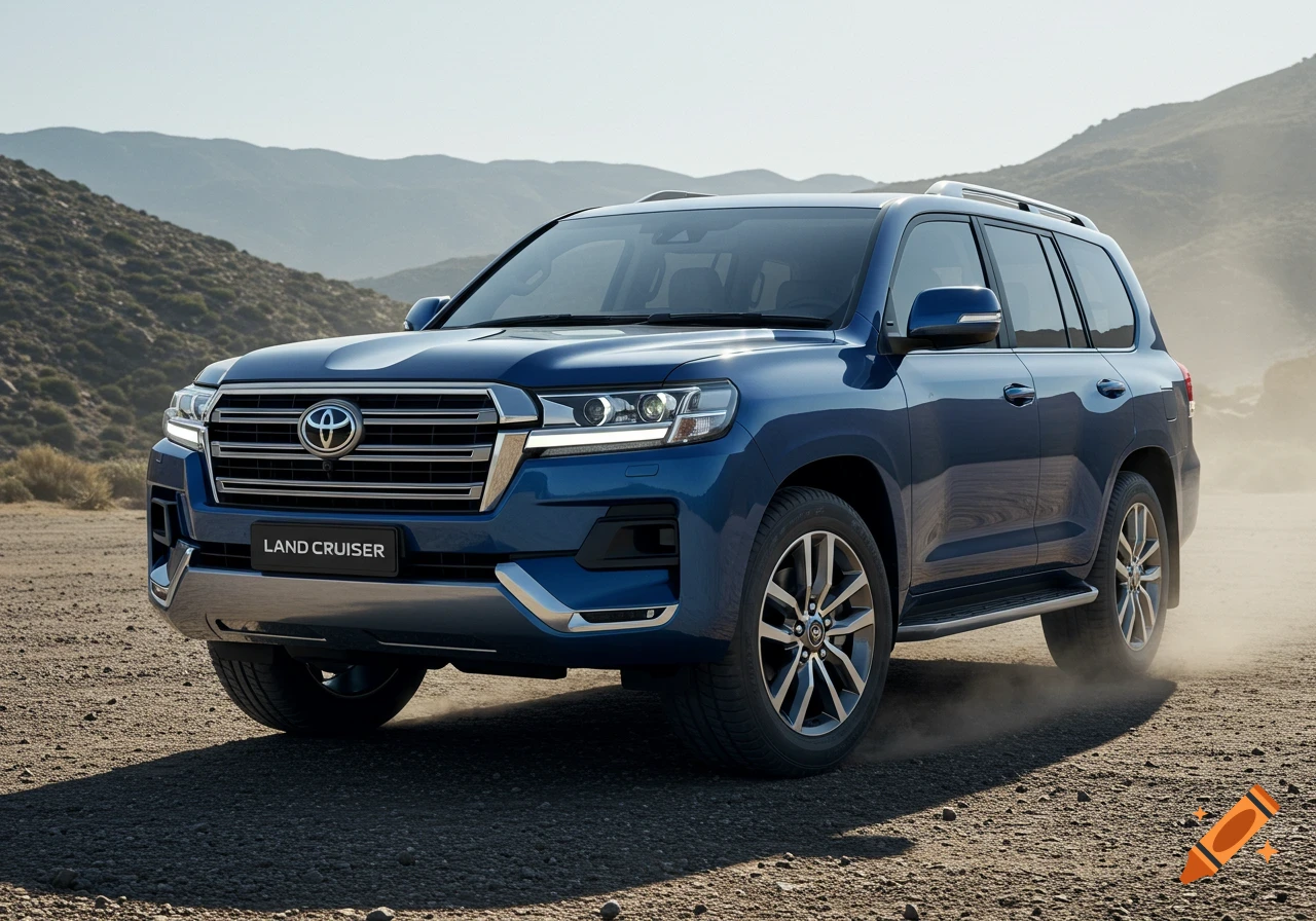 A blue Toyota Land Cruiser SUV driving on a dirt road with mountains in the background, kicking up dust.