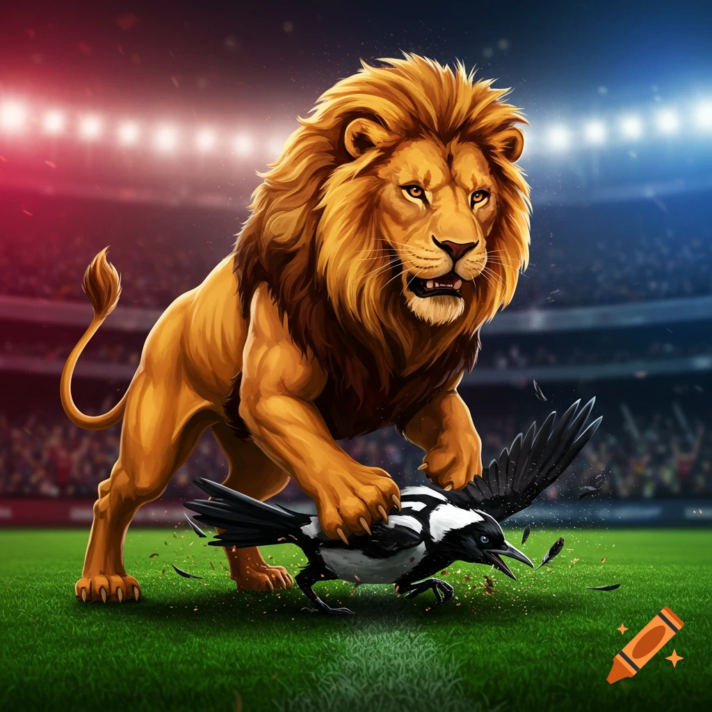 A stylized illustration of a powerful lion with its paw on a squawking magpie on a sports field in a stadium at night.