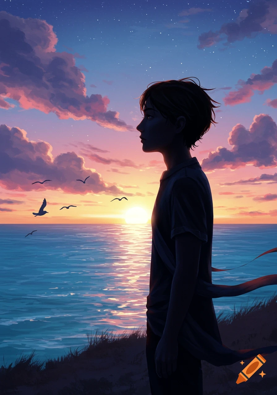 Anime illustration of a person's silhouette watching a vibrant sunset over the ocean from a grassy cliff.