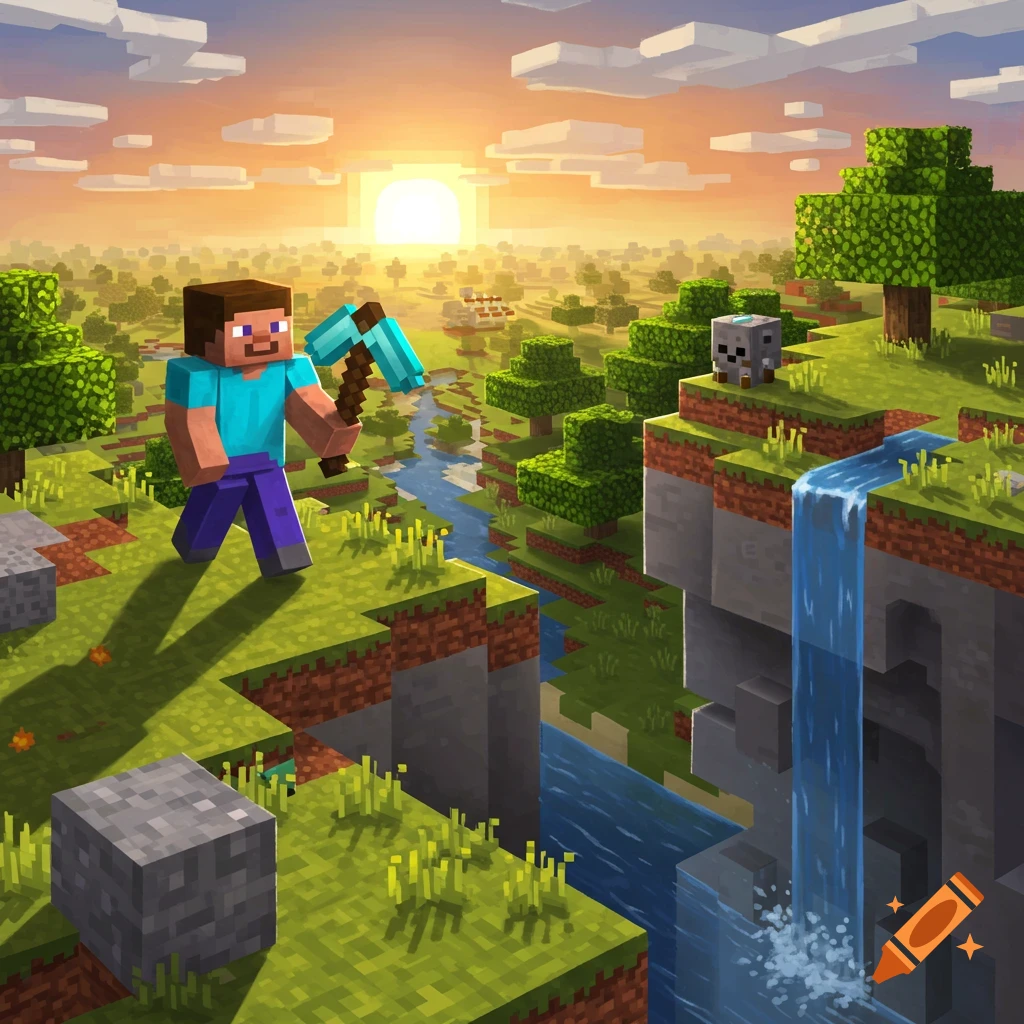 Minecraft's Steve holds a diamond pickaxe on a blocky cliff overlooking a river, waterfall, and forest at sunrise.