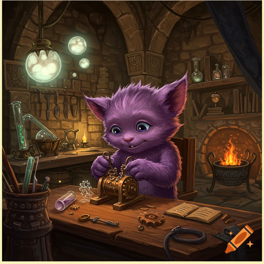 A cute, furry purple creature tinkers with gears on a wooden workbench in a rustic, glowing fantasy workshop.