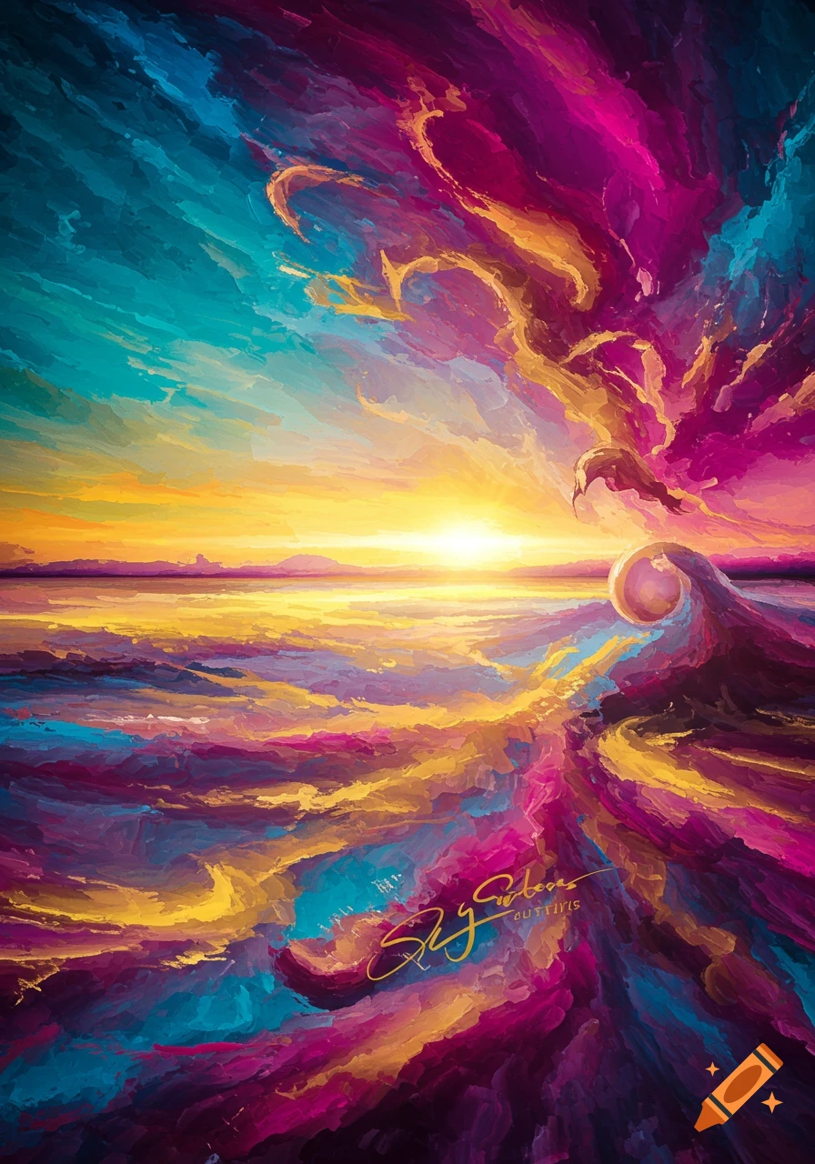 Vibrant expressionistic painting of a sunset seascape with colorful waves and swirling sky.
