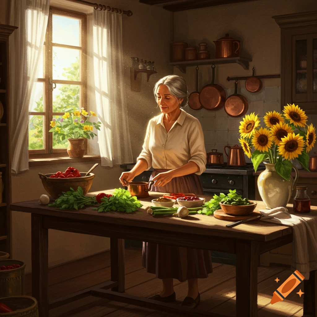 An elderly woman prepares vegetables on a wooden table in a sunlit rustic kitchen, with sunflowers in a vase.