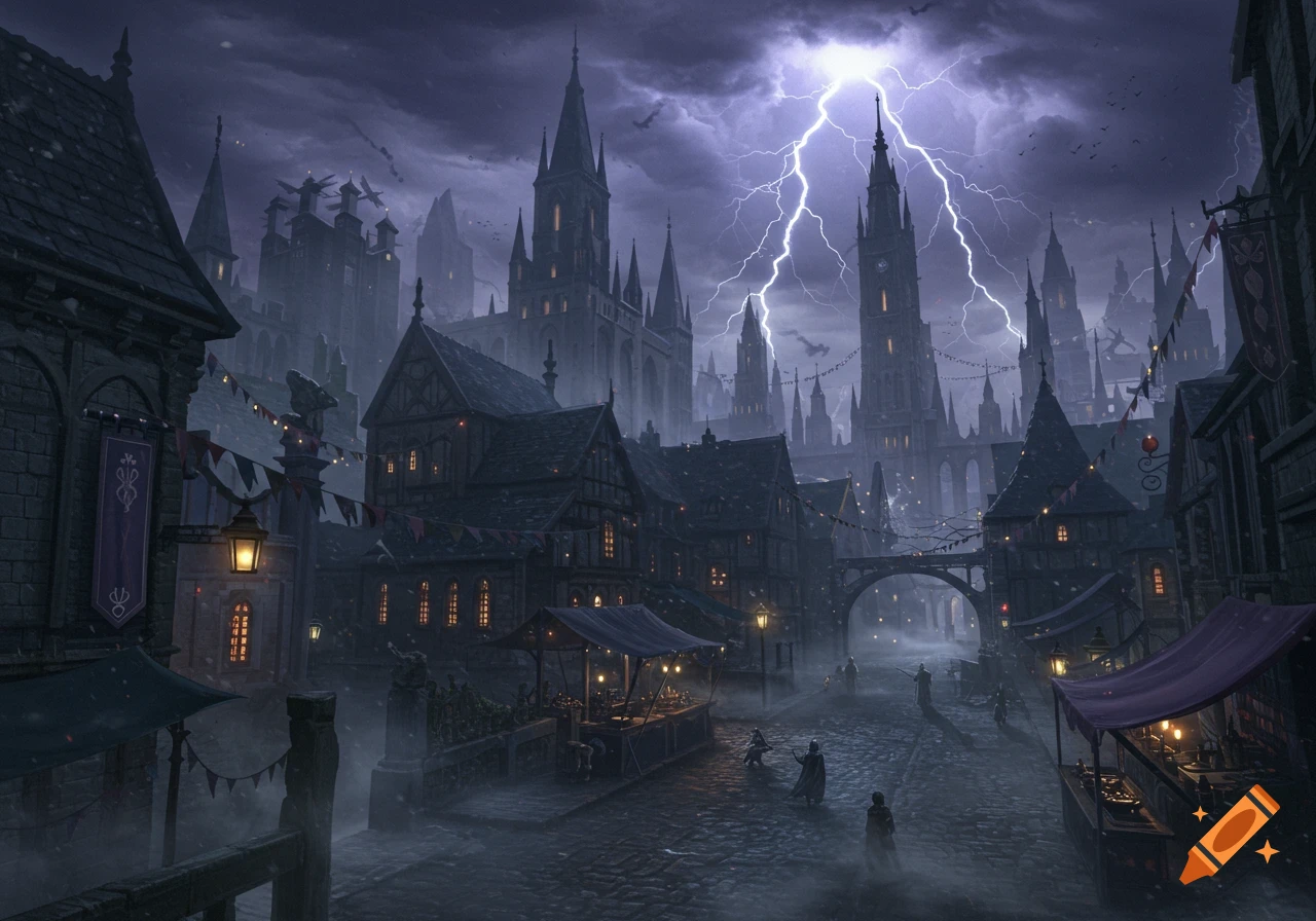 A dark gothic fantasy city under a stormy sky with bright lightning, eerie fog, and faint figures on a cobblestone street.