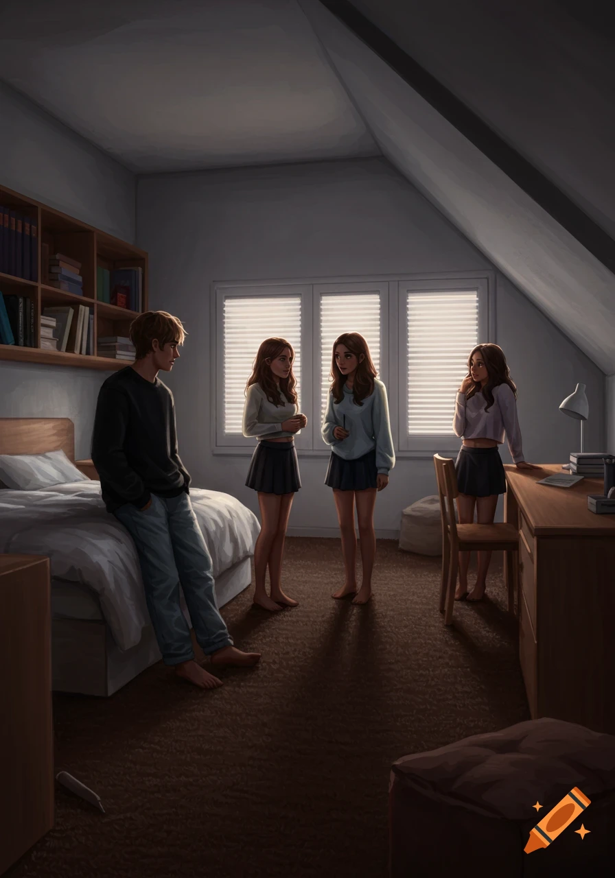An illustration of a young man leaning on a bed talking to three young women standing in a dimly lit bedroom.