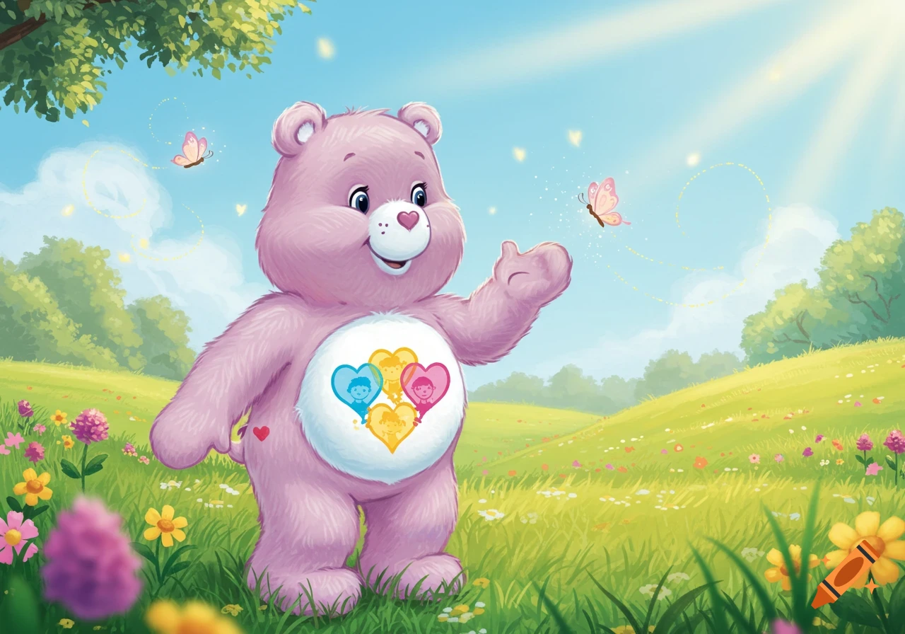 A pink, fuzzy cartoon bear stands in a sunny, flower-filled meadow, reaching out to a butterfly. Its belly badge features colorful hearts with child silhouettes.