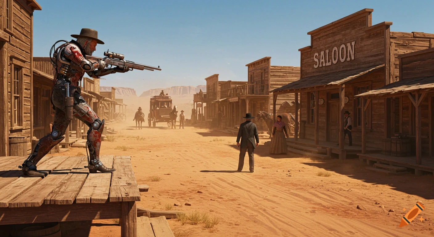 A cyborg cowboy with a futuristic rifle aims down a dusty Wild West street, lined with wooden saloons and townsfolk.
