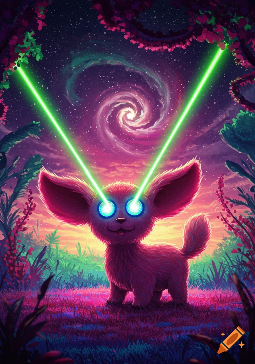 A cute, fluffy pink creature with huge ears and glowing blue laser eyes stands in a vibrant alien field under a swirling galaxy.