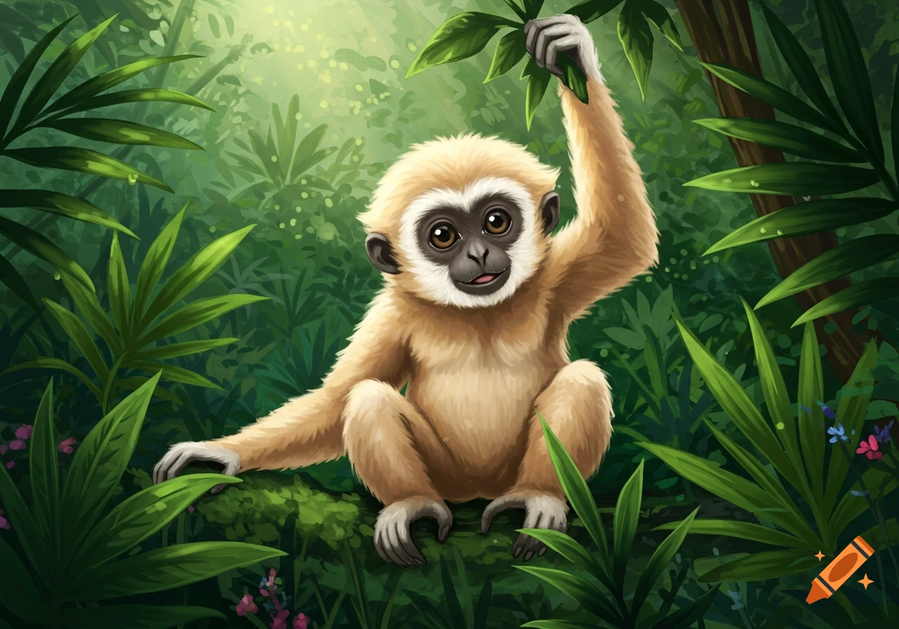 A cute baby gibbon in a lush green jungle, reaching up to grasp a leaf, depicted in a vibrant cartoon illustration style.