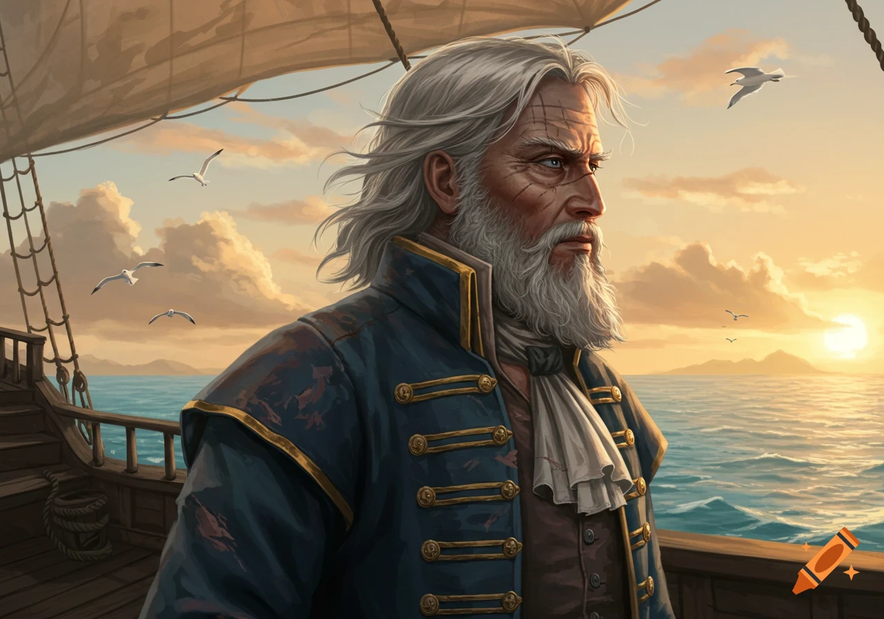 A grizzled old mariner with a white beard and scars stands on a ship at sunset, looking out at the sea. Painterly style.