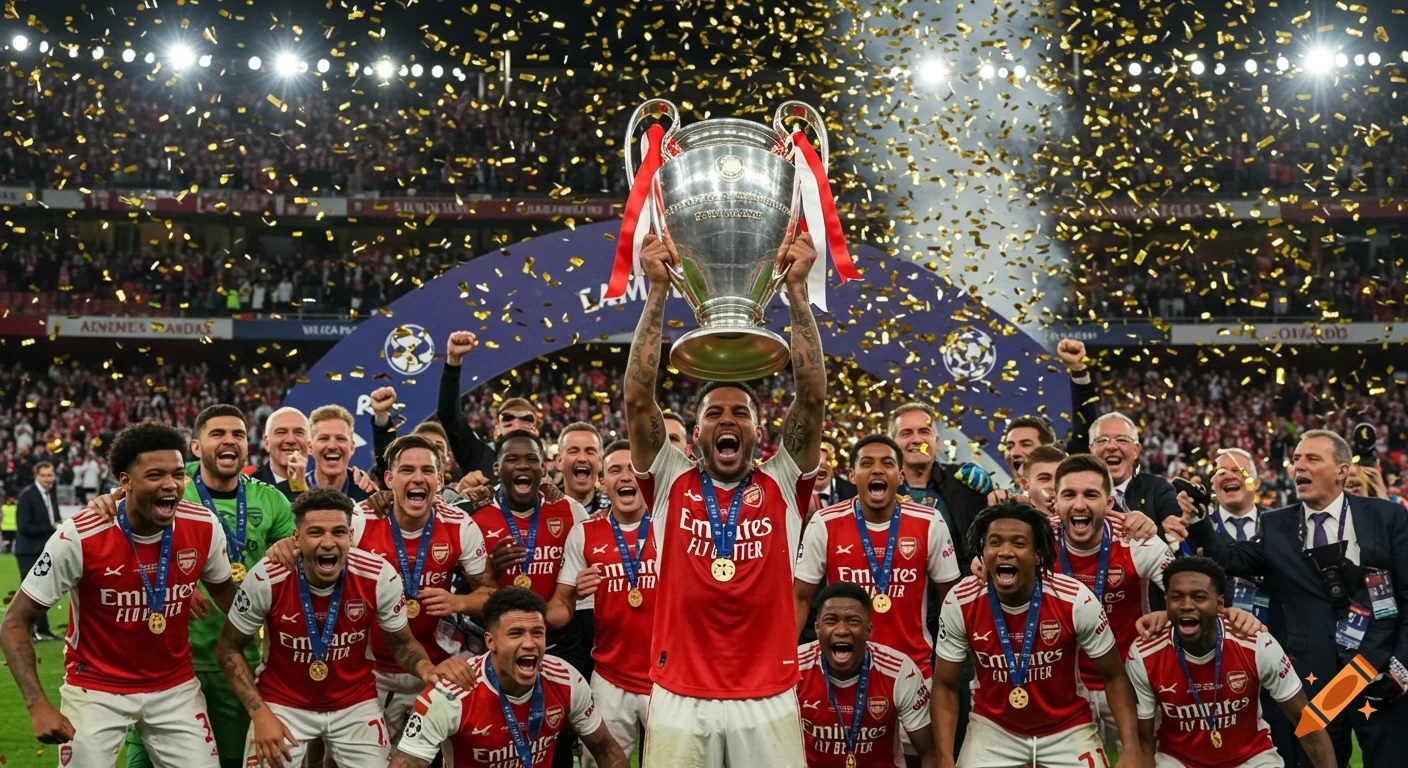 Arsenal football players in red and white jerseys celebrate, lifting the Champions League trophy amidst falling golden confetti on a brightly lit stadium field.