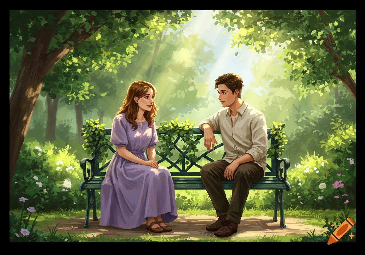 An illustration of a man and a woman talking on a park bench in a sunny, lush green park.