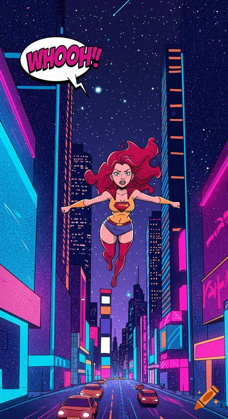 A red-haired superheroine in a yellow top and red boots flies above a neon-lit city street at night, in a comic book style.