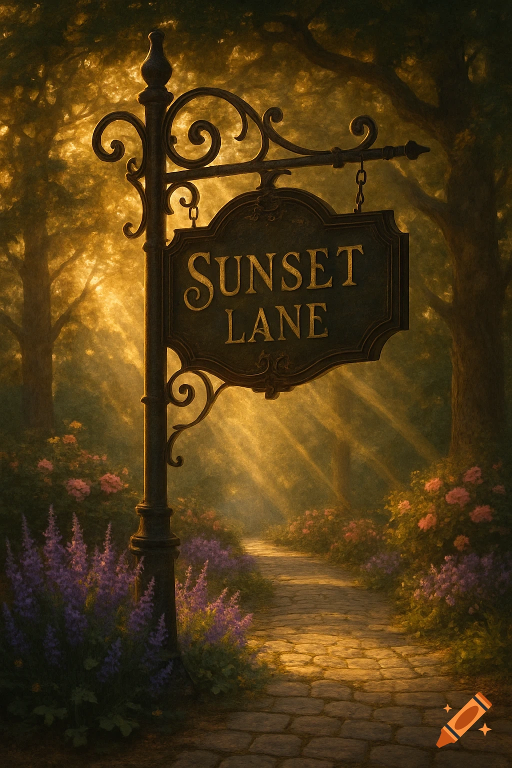 A wrought iron sign reading "SUNSET LANE" on a cobblestone path through a sunlit, mystical forest with purple and pink flowers.