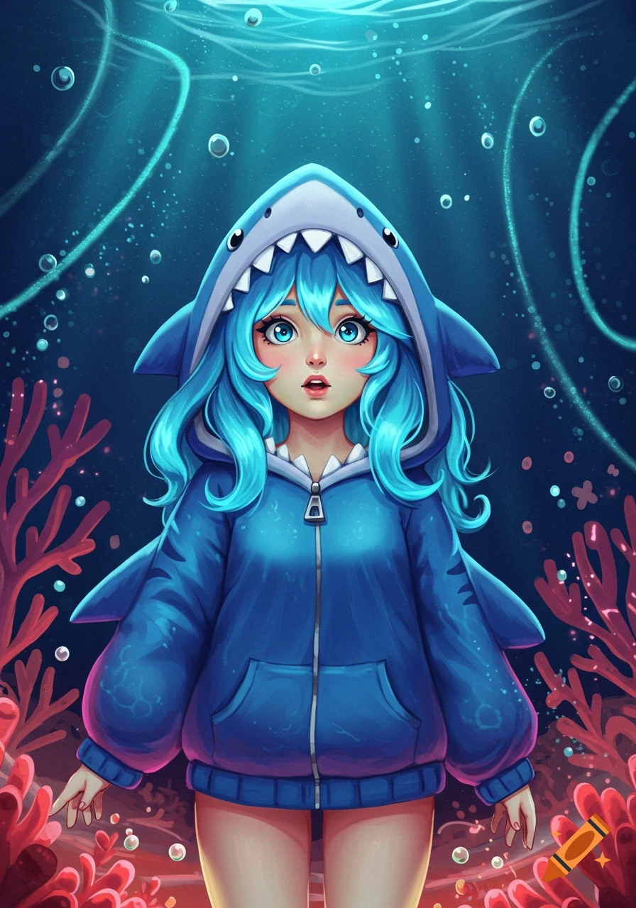 Vibrant anime art of a blue-haired girl in a shark hoodie standing underwater with red coral.