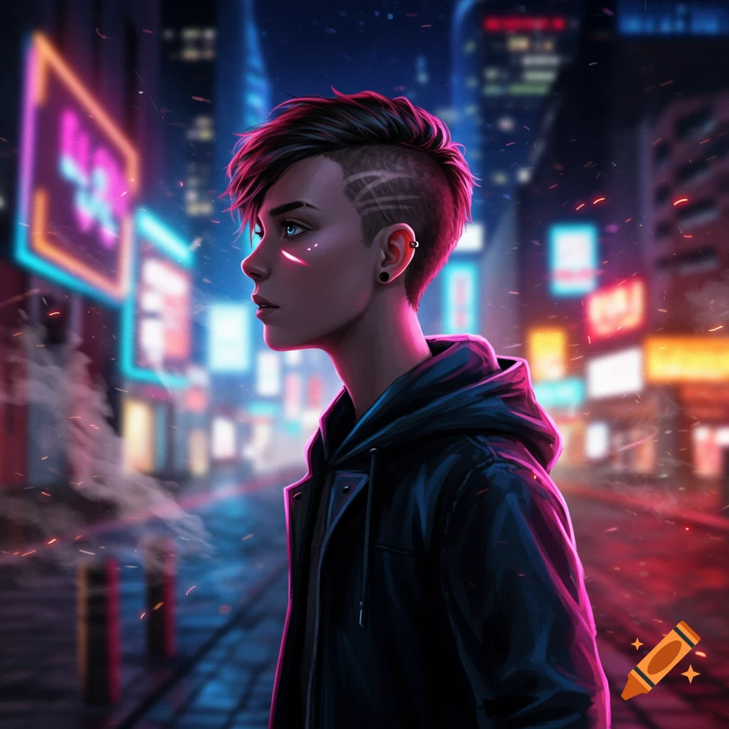 A stylized digital art portrait of a person with an undercut and neon facial marks in a vibrant cyberpunk city at night.