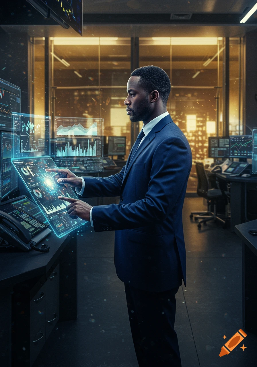 A man in a navy suit interacts with glowing holographic financial data screens in a modern trading room.