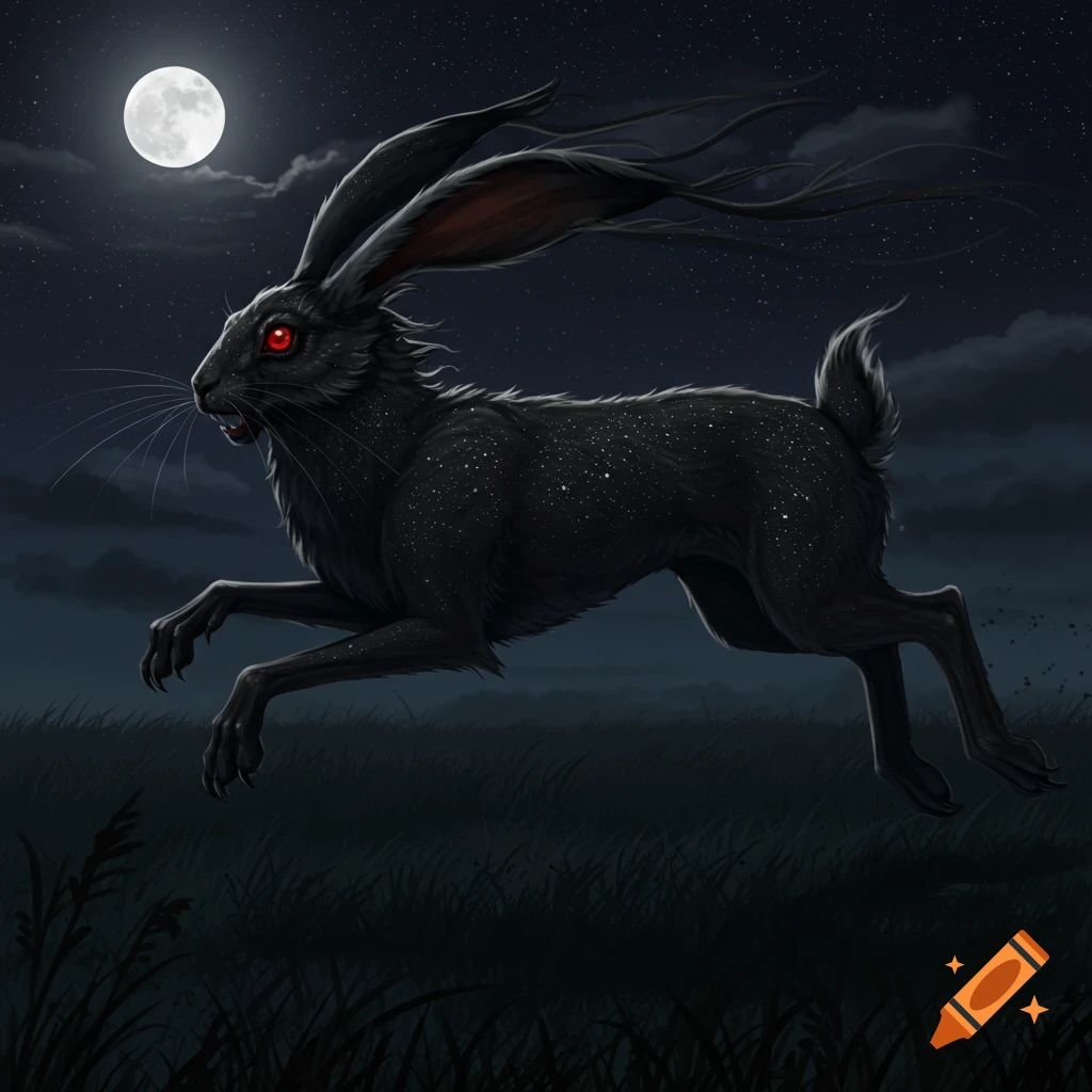 A black, menacing hare-like creature with glowing red eyes and a starry coat runs through a field under a full moon.