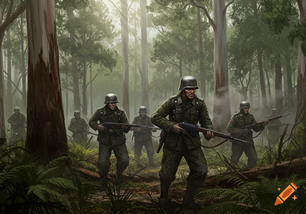 German soldiers in camouflage uniforms and helmets walk through a dense, sun-dappled forest, carrying rifles. Illustrated style.