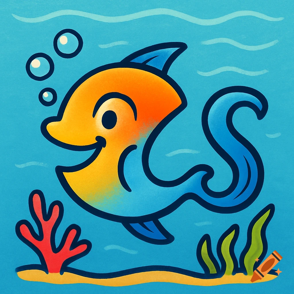 A vibrant cartoon fish made of the letters 'c' and 's' swims underwater with coral and seaweed.