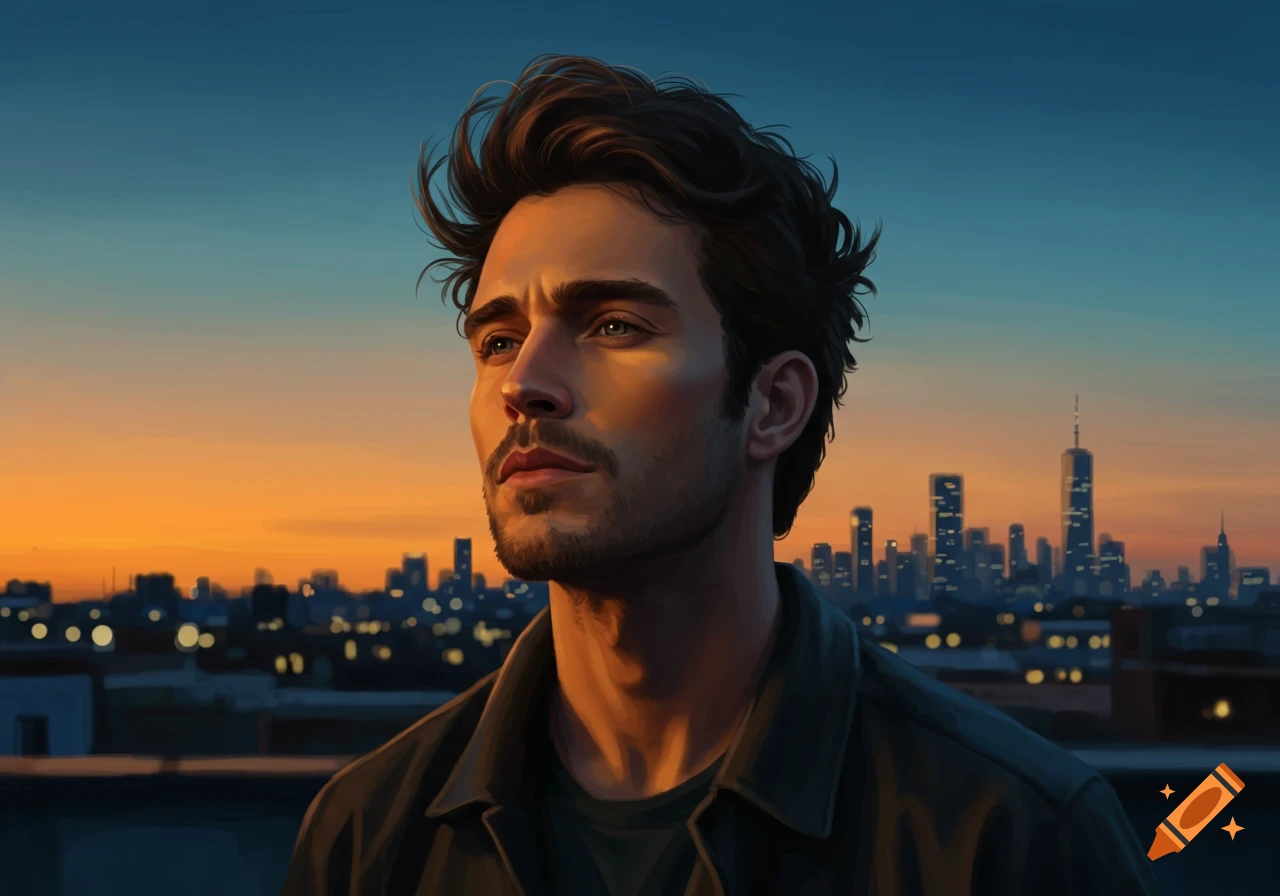 Digital painting of a handsome man with dark hair, looking pensive over a city skyline at a vibrant sunset.