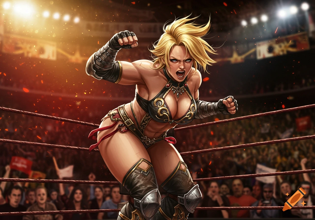 Muscular blonde female wrestler in a black and gold outfit poses aggressively in a brightly lit ring before a crowd, digital art.