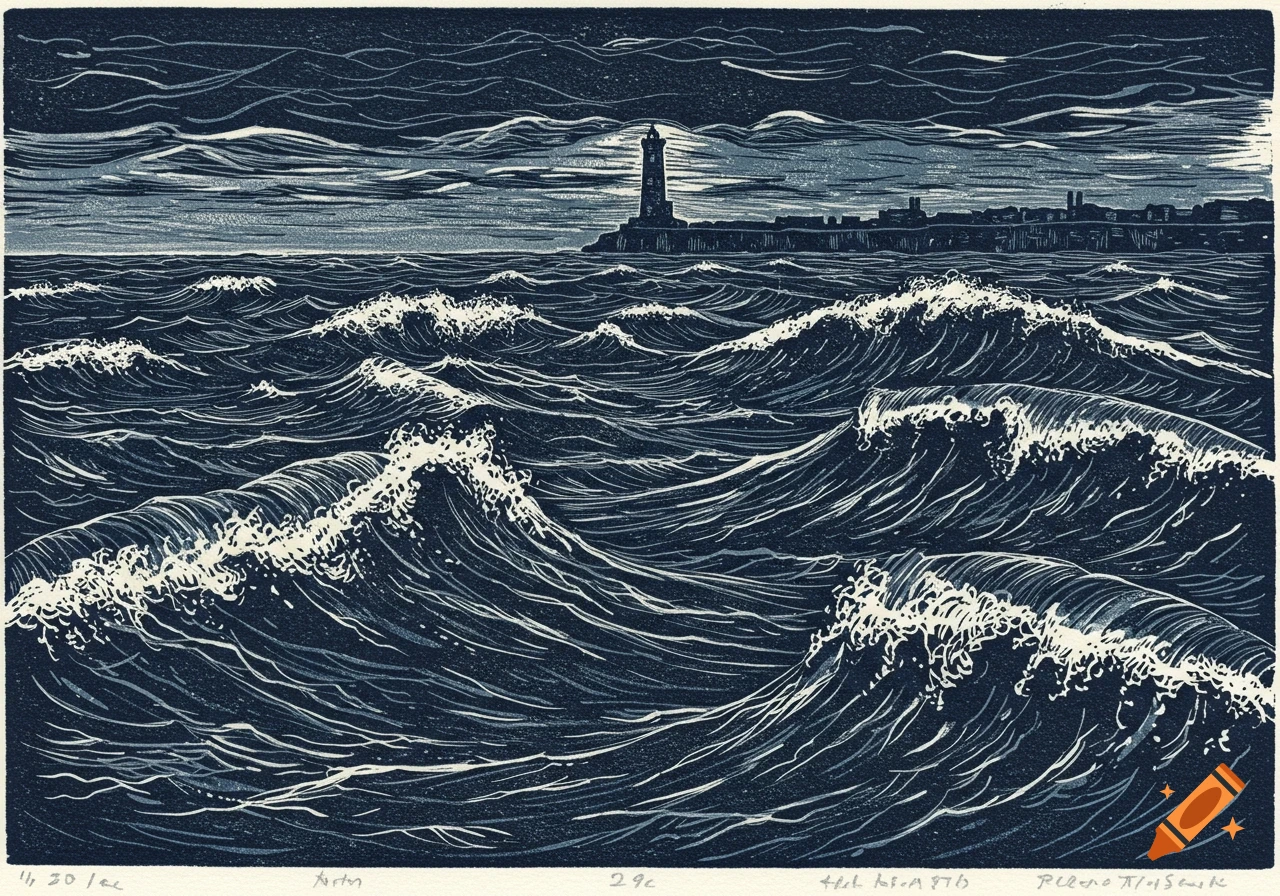 Linocut of a stormy ocean with large waves and a lighthouse in the distance under a dark sky.