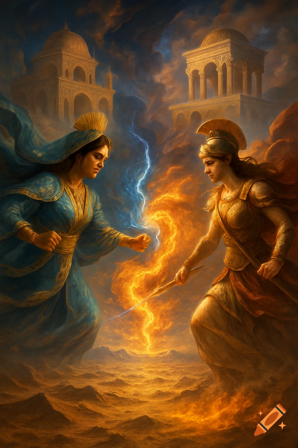 Two goddesses, one in blue and one in gold armor, face each other with lightning and fire in a fantasy battle scene.