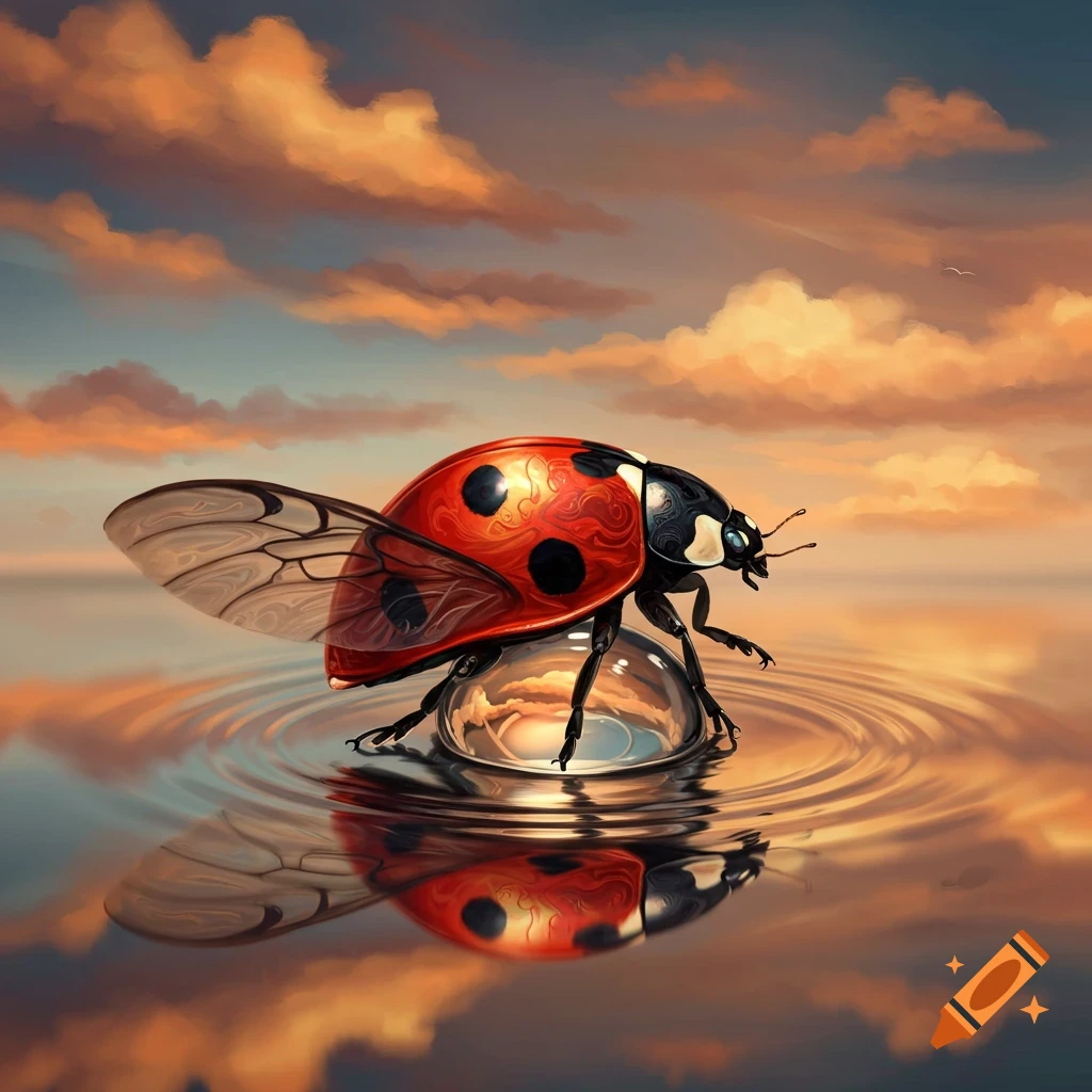 A detailed ladybug with red and black spots stands on a clear water droplet, creating ripples, reflected by a vibrant sunset sky.