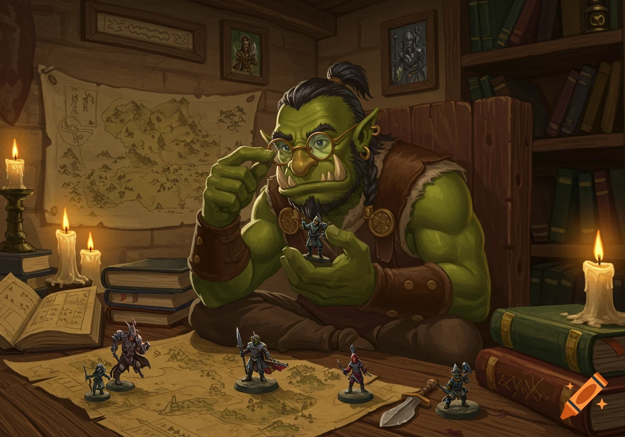 A large green orc wearing glasses meticulously studies miniature figures on a map, surrounded by books and lit candles, depicting a tabletop game scene in a fantasy setting.