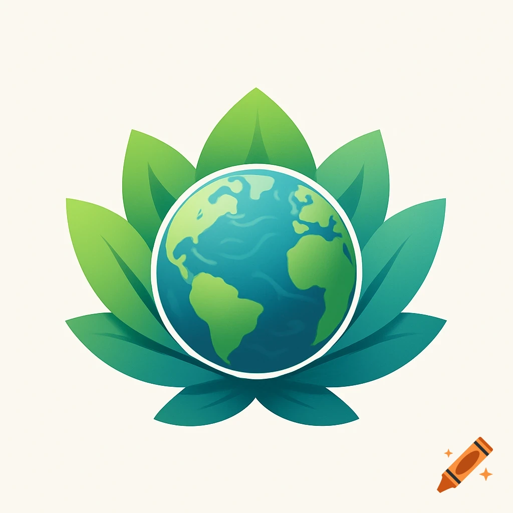 Stylized logo of planet Earth cradled within vibrant green lotus leaves.