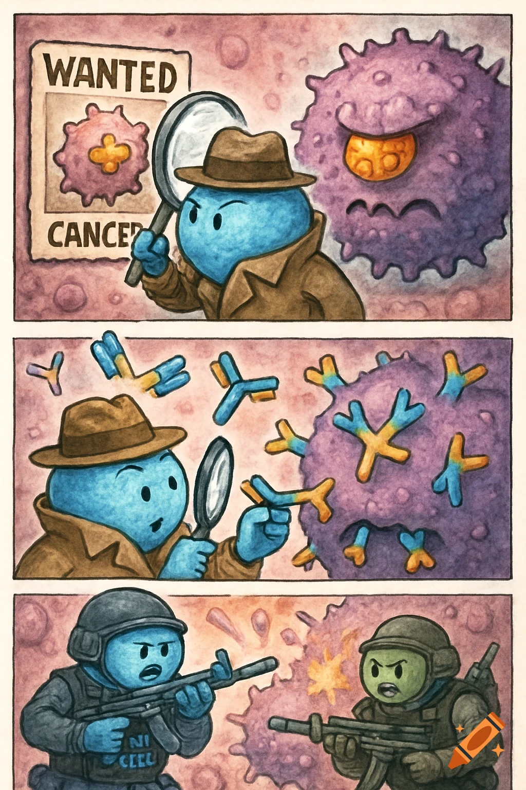 A three-panel comic illustrates the immune system: B-cell detective, antibodies tagging cancer, and NK/T-cells attacking.