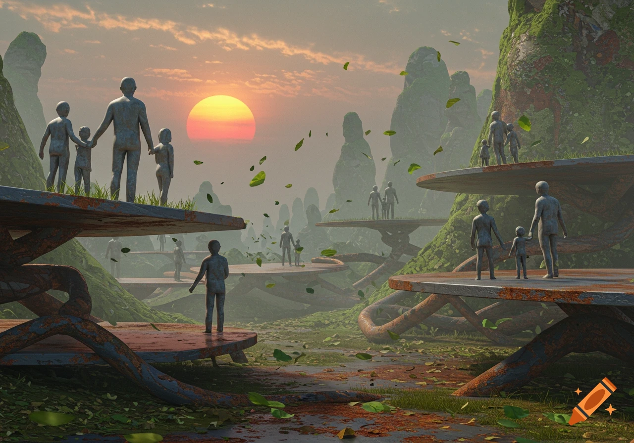 Stylized figures, resembling weathered statues, stand on rusty platforms in a surreal, overgrown landscape with a large sun in the sky.