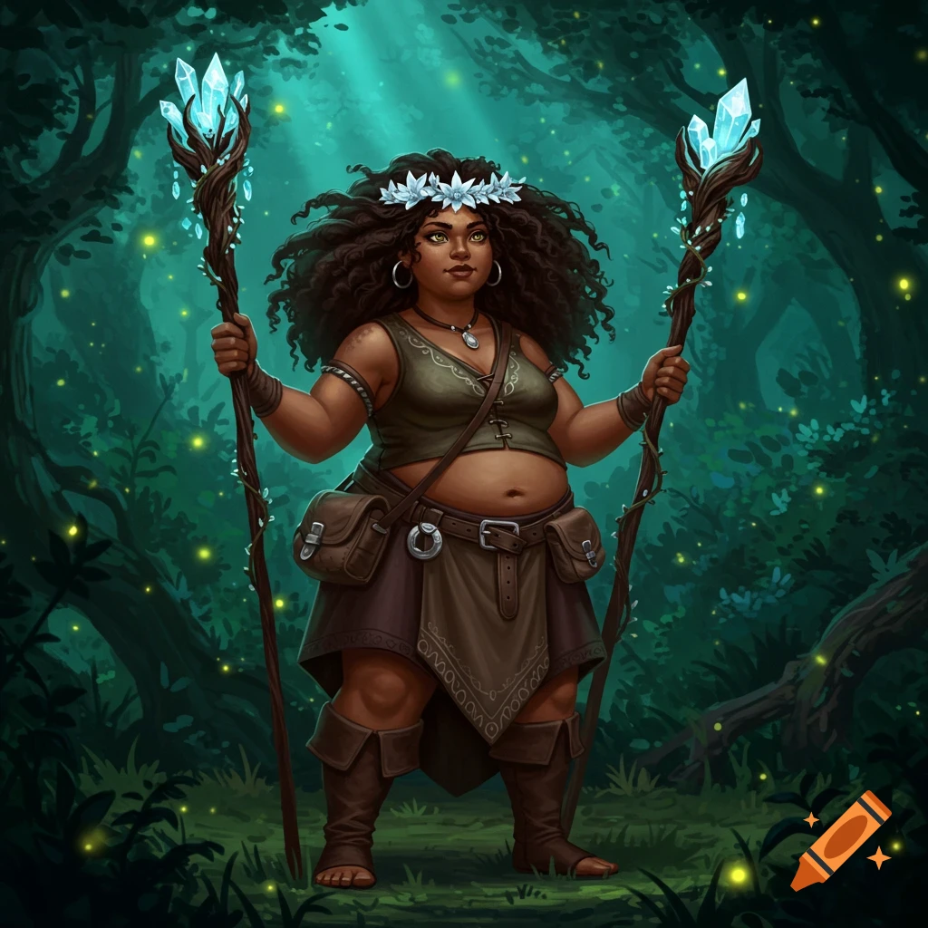 A fantasy witch with dark curly hair and a leaf crown, holding two glowing crystal staves in a magical forest.