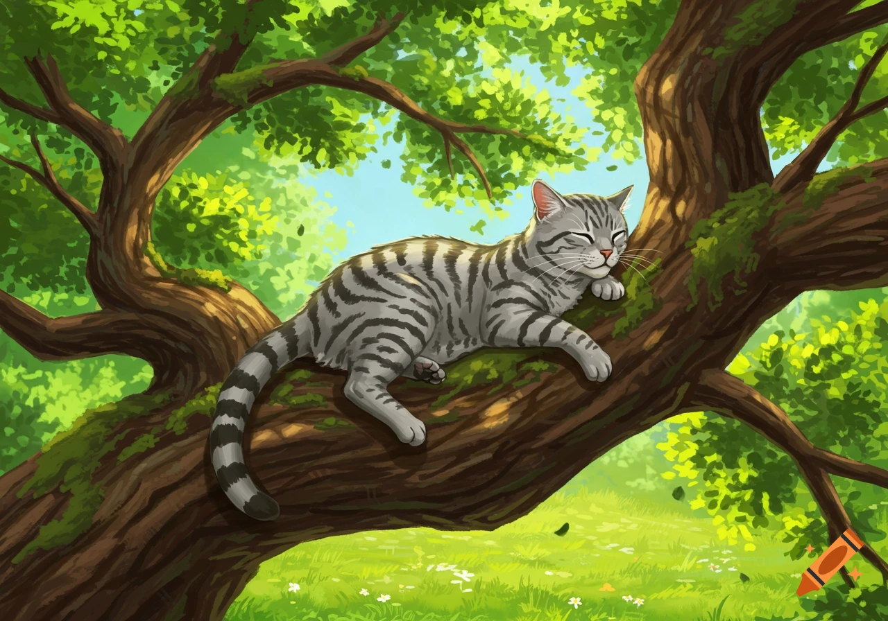 A gray tabby cat with closed eyes sleeps soundly on a mossy tree branch amidst vibrant green leaves and a bright blue sky.